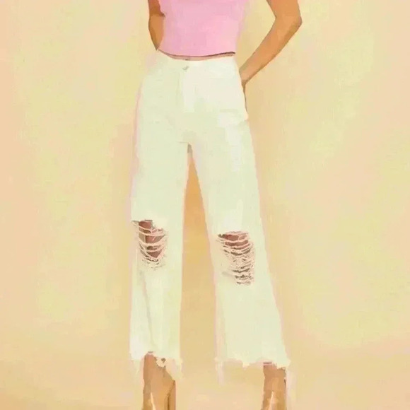 Distressed Wide Leg High Rise White Jeans - Picture 3 of 3